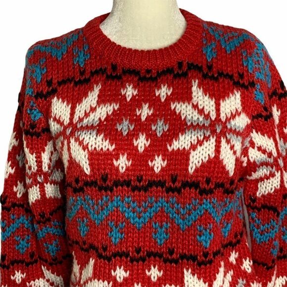 Chunky Hand Knitted Pullover Sweater M Red Acrylic - Picture 2 of 6